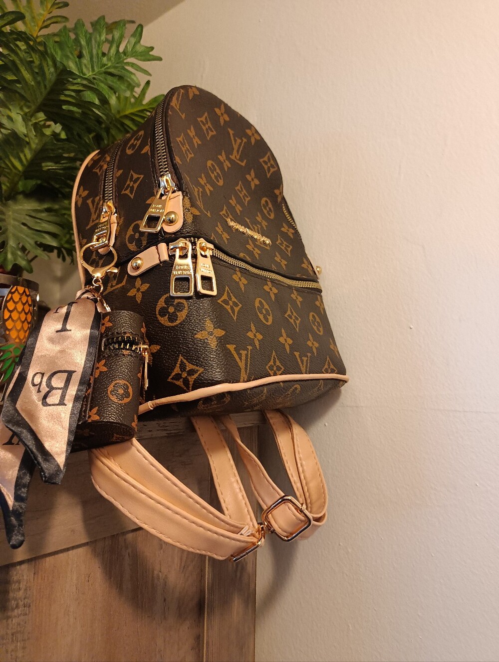 Designer-Inspired Monogram Mini Backpack - Brown/Beige